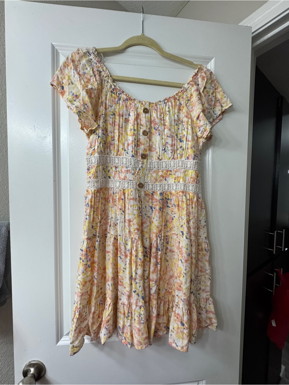 Floral Peach Short-Sleeve Smocked Waist Kids Dress